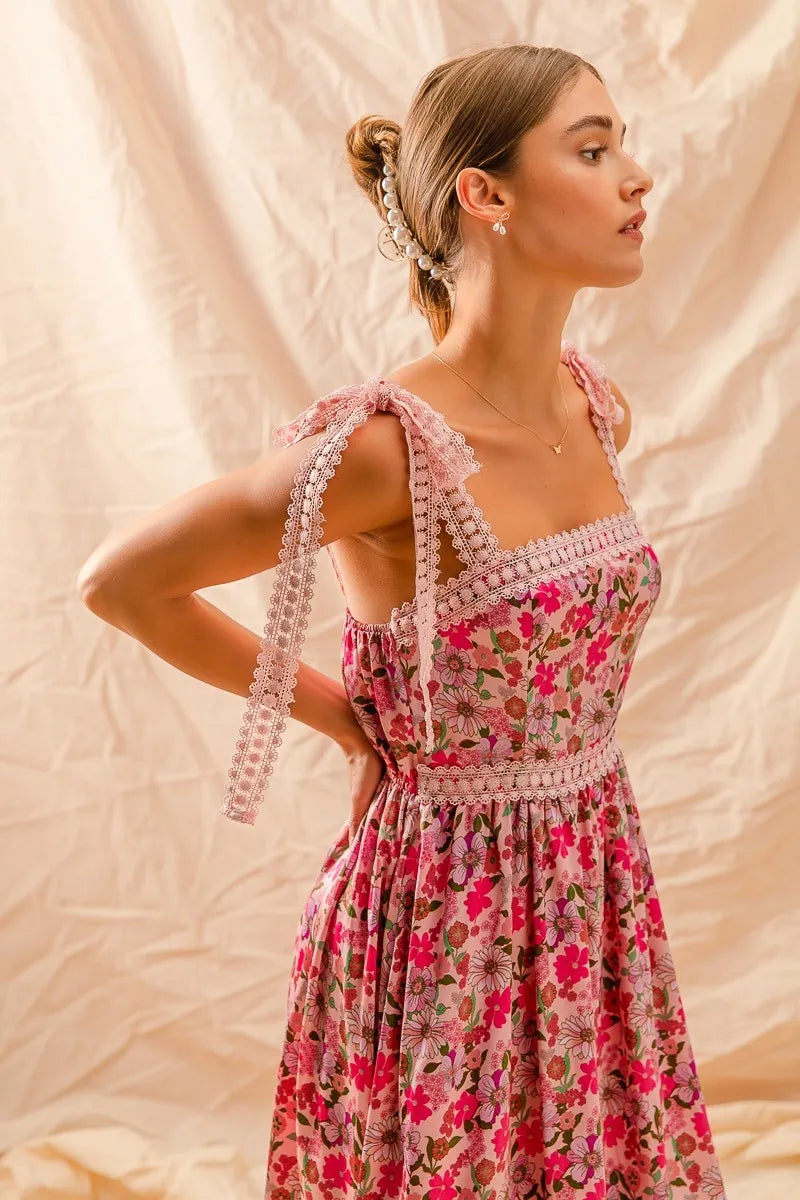 Floral Ribbon Tie Maxi Dress-Romantic floral maxi dress with smocked bodice & tiered ruffle hem. Lightweight & breezy with tie straps—perfect for summer weddings & vacations.-Reef Love Boho-Chic Boutique