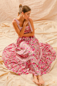 Floral Ribbon Tie Maxi Dress-Romantic floral maxi dress with smocked bodice & tiered ruffle hem. Lightweight & breezy with tie straps—perfect for summer weddings & vacations.-Reef Love Boho-Chic Boutique