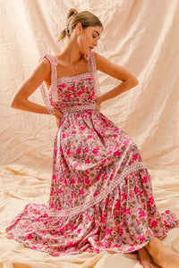 Floral Ribbon Tie Maxi Dress-Romantic floral maxi dress with smocked bodice & tiered ruffle hem. Lightweight & breezy with tie straps—perfect for summer weddings & vacations.-Reef Love Boho-Chic Boutique