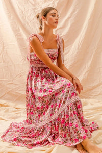 Floral Ribbon Tie Maxi Dress-Romantic floral maxi dress with smocked bodice & tiered ruffle hem. Lightweight & breezy with tie straps—perfect for summer weddings & vacations.-Reef Love Boho-Chic Boutique