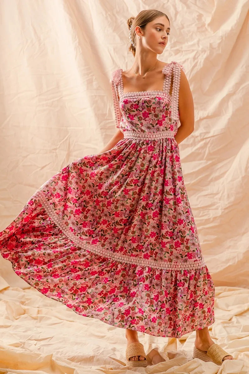 Floral Ribbon Tie Maxi Dress-Romantic floral maxi dress with smocked bodice & tiered ruffle hem. Lightweight & breezy with tie straps—perfect for summer weddings & vacations.-Reef Love Boho-Chic Boutique