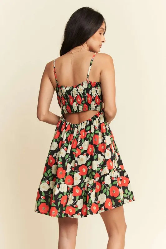 Floral Scalloped Cutout Back Mini Dress-Reef Love