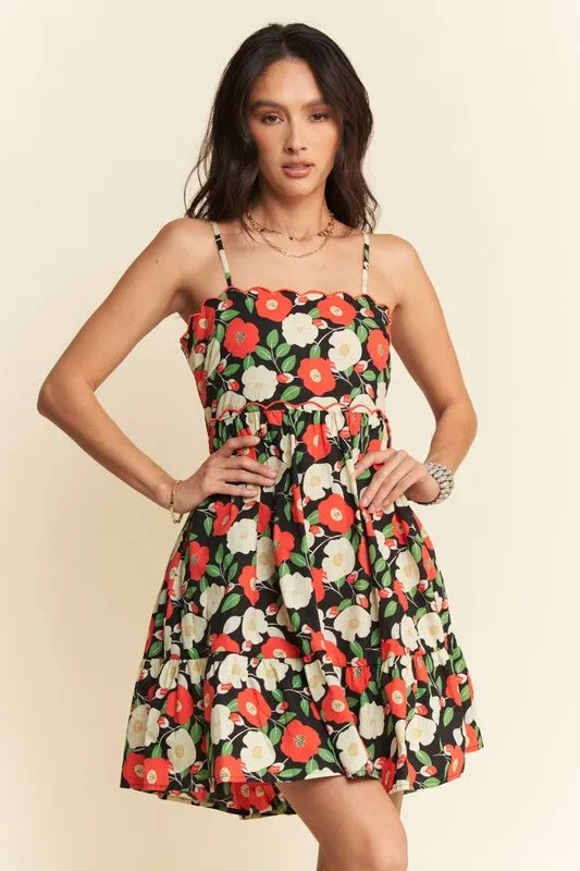 Floral Scalloped Cutout Back Mini Dress-Reef Love