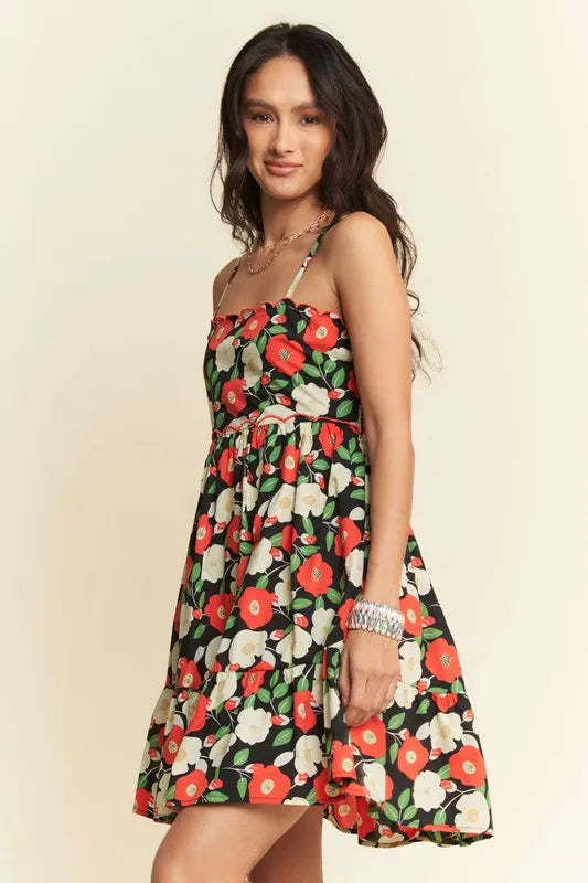 Floral Scalloped Cutout Back Mini Dress-Reef Love