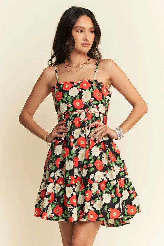 Floral Scalloped Cutout Back Mini Dress-Reef Love