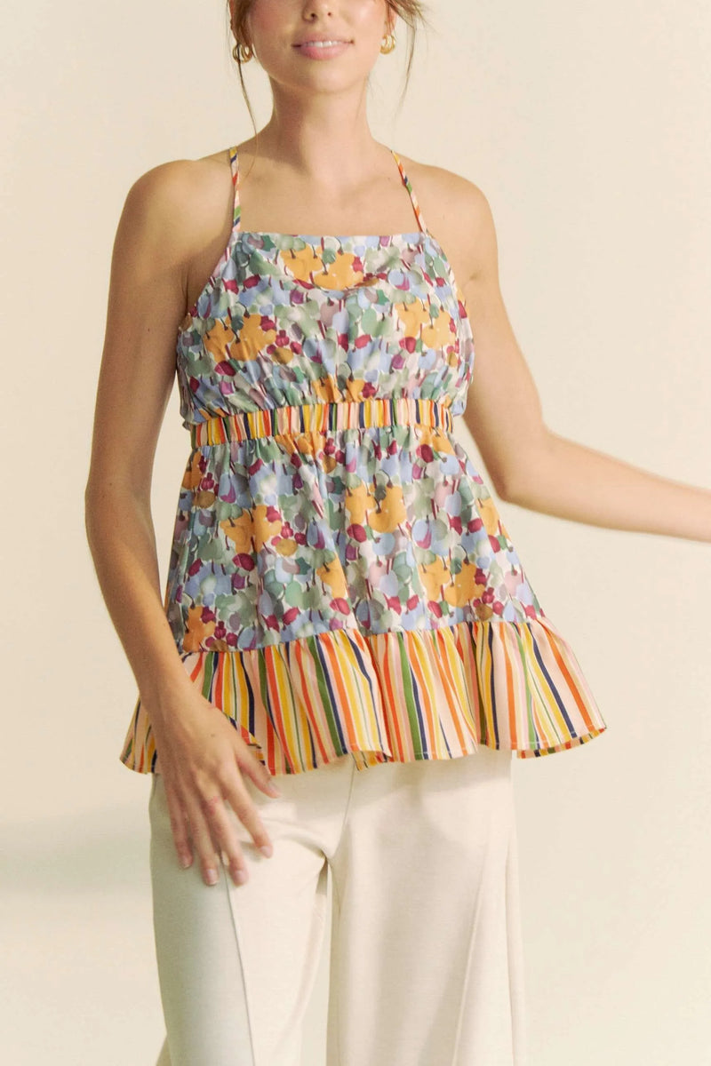 Floral Smocked Sleeveless Ruffle Back Tie Top-Reef Love