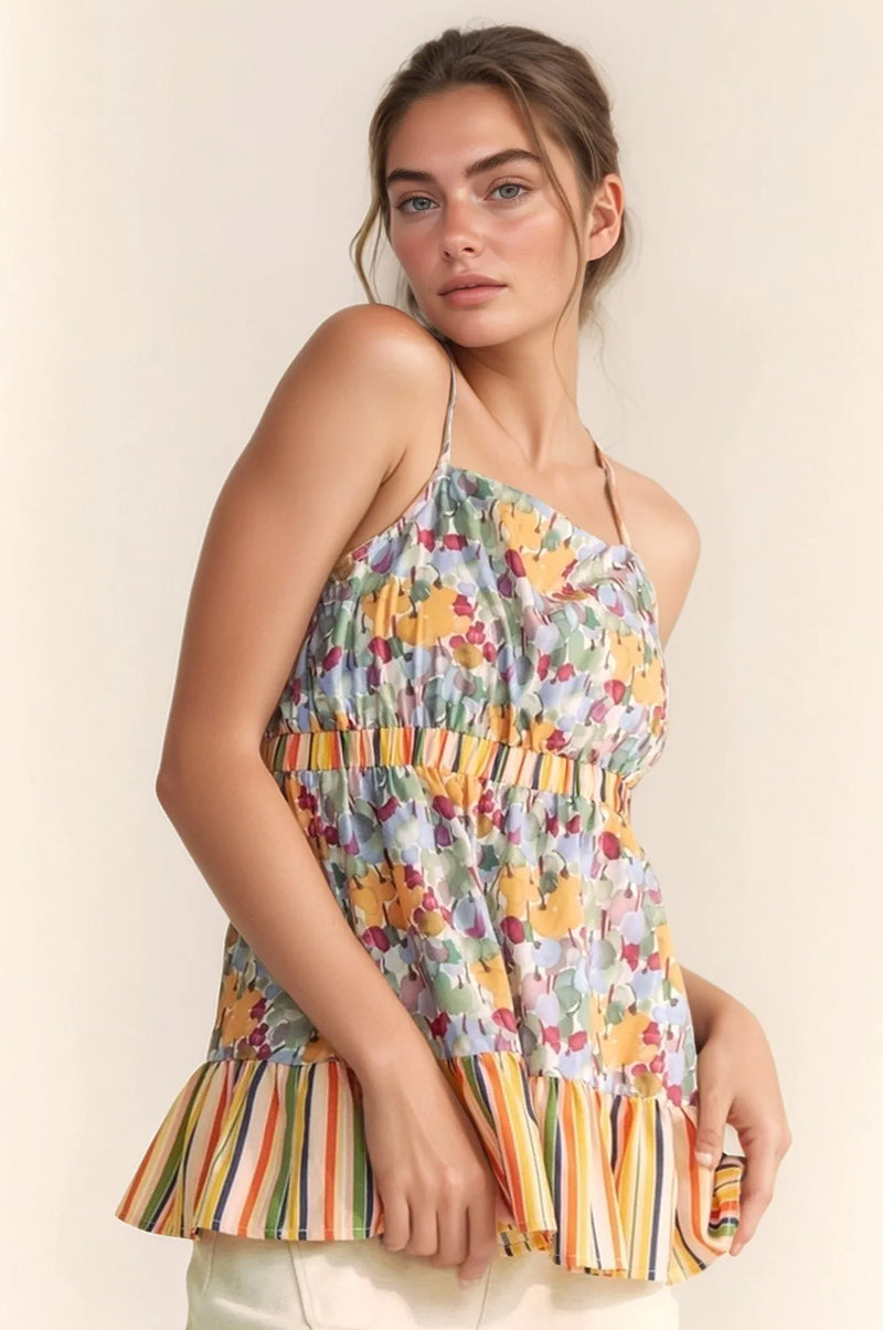Floral Smocked Sleeveless Ruffle Back Tie Top-Reef Love