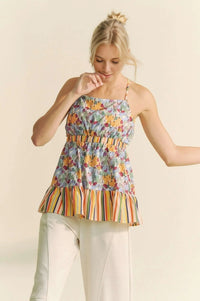 Floral Smocked Sleeveless Ruffle Back Tie Top-Reef Love
