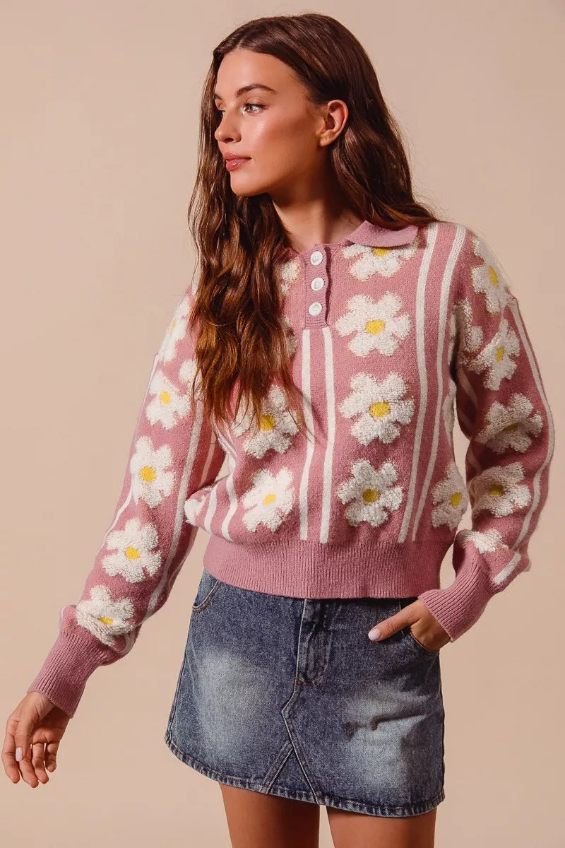 Floral Stripe Polo Collar Sweater-Floral stripe polo collar sweater with buttoned front and ribbed knit. Bold patterned pullover adds playful sophistication to casual or dressy outfits.-Reef Love