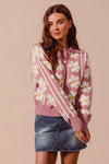 Floral Stripe Polo Collar Sweater-Floral stripe polo collar sweater with buttoned front and ribbed knit. Bold patterned pullover adds playful sophistication to casual or dressy outfits.-Reef Love