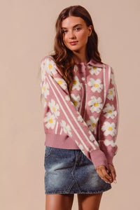 Floral Stripe Polo Collar Sweater-Floral stripe polo collar sweater with buttoned front and ribbed knit. Bold patterned pullover adds playful sophistication to casual or dressy outfits.-Reef Love