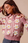 Floral Stripe Polo Collar Sweater-Floral stripe polo collar sweater with buttoned front and ribbed knit. Bold patterned pullover adds playful sophistication to casual or dressy outfits.-Reef Love