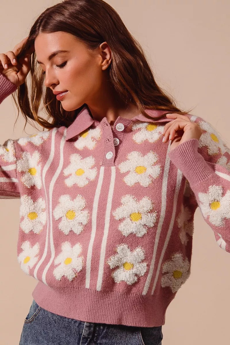 Floral Stripe Polo Collar Sweater-Floral stripe polo collar sweater with buttoned front and ribbed knit. Bold patterned pullover adds playful sophistication to casual or dressy outfits.-Reef Love