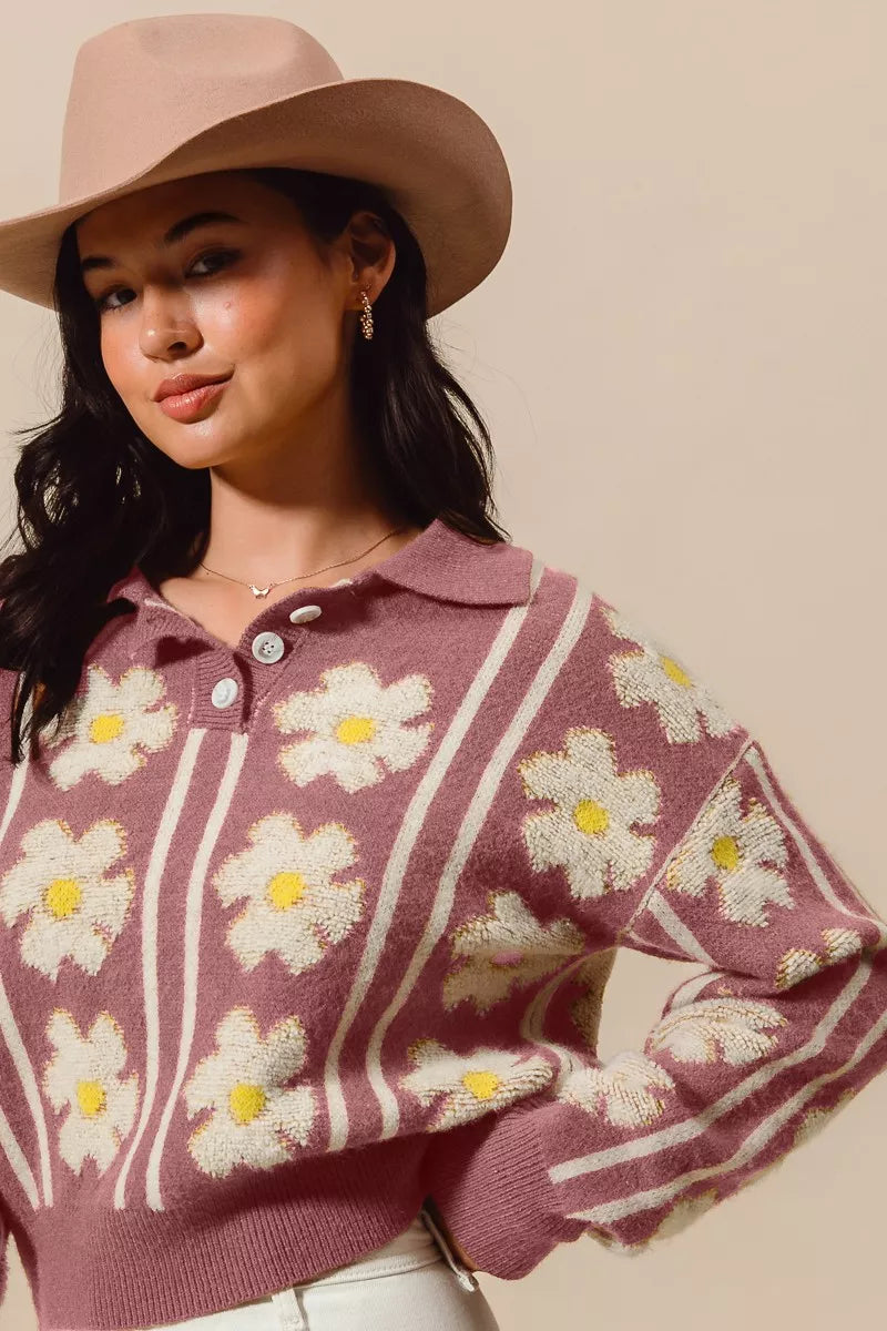 Floral Stripe Polo Collar Sweater-Floral stripe polo collar sweater with buttoned front and ribbed knit. Bold patterned pullover adds playful sophistication to casual or dressy outfits.-Reef Love