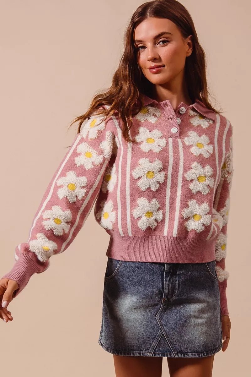 Floral Stripe Polo Collar Sweater-Floral stripe polo collar sweater with buttoned front and ribbed knit. Bold patterned pullover adds playful sophistication to casual or dressy outfits.-Reef Love
