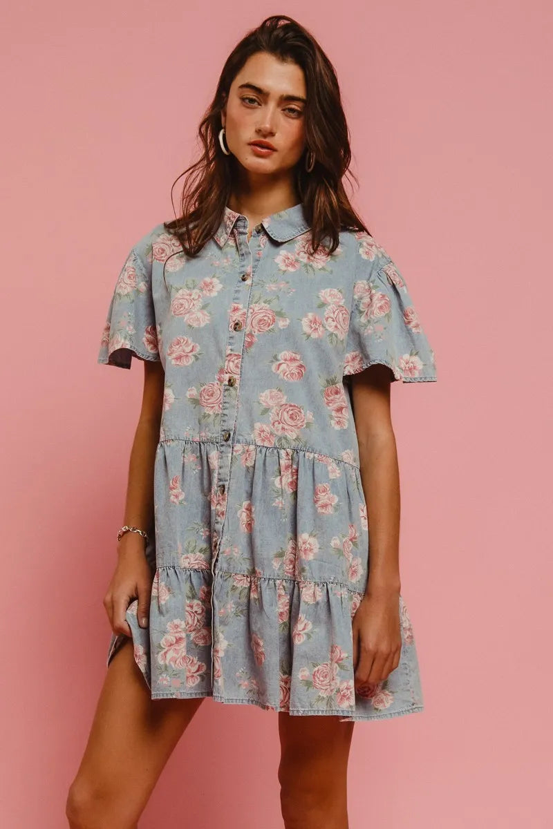 Floral Tiered Mini Shirt Dress – Blue Bloom-BiBi-Reef Love