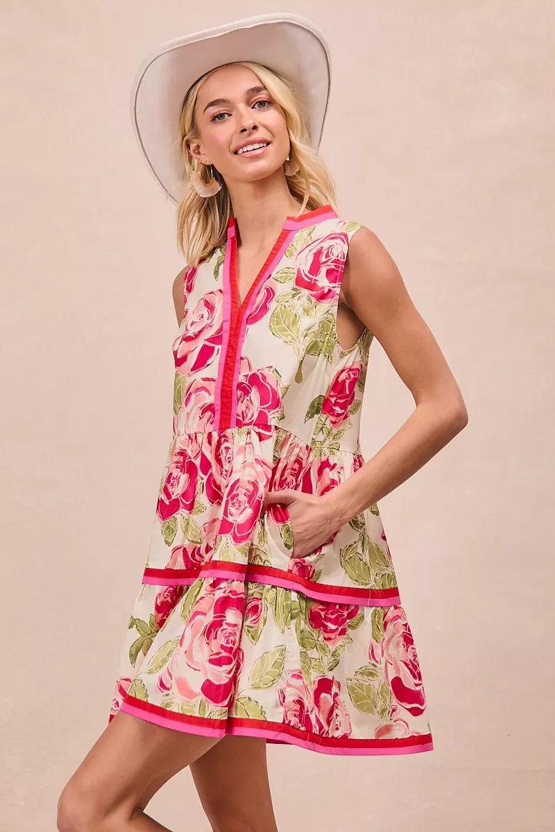 Floral Woven Contrast Edge Tiered Ruffle Mini Dress- Boho Chic Styles by Reef Love