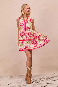 Floral Woven Contrast Edge Tiered Ruffle Mini Dress- Boho Chic Styles by Reef Love