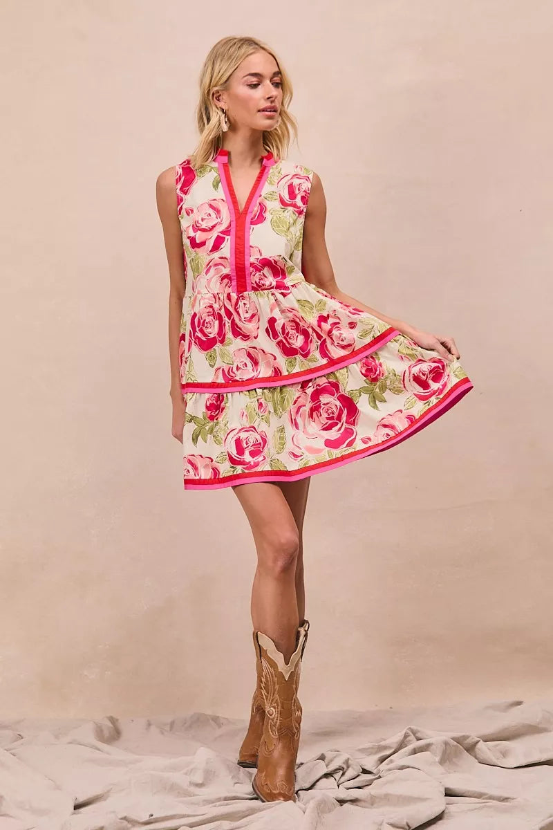 Floral Woven Contrast Edge Tiered Ruffle Mini Dress- Boho Chic Styles by Reef Love