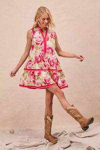 Floral Woven Contrast Edge Tiered Ruffle Mini Dress- Boho Chic Styles by Reef Love