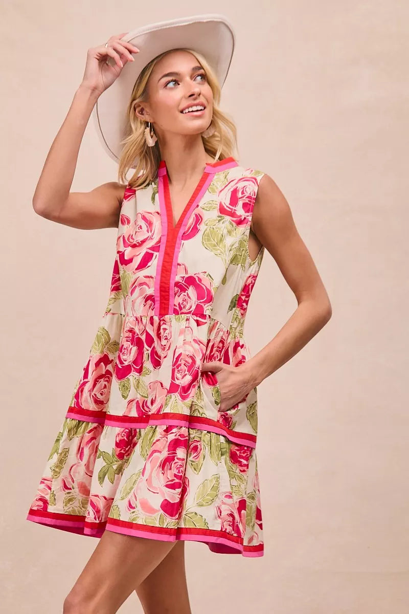 Floral Woven Contrast Edge Tiered Ruffle Mini Dress- Boho Chic Styles by Reef Love