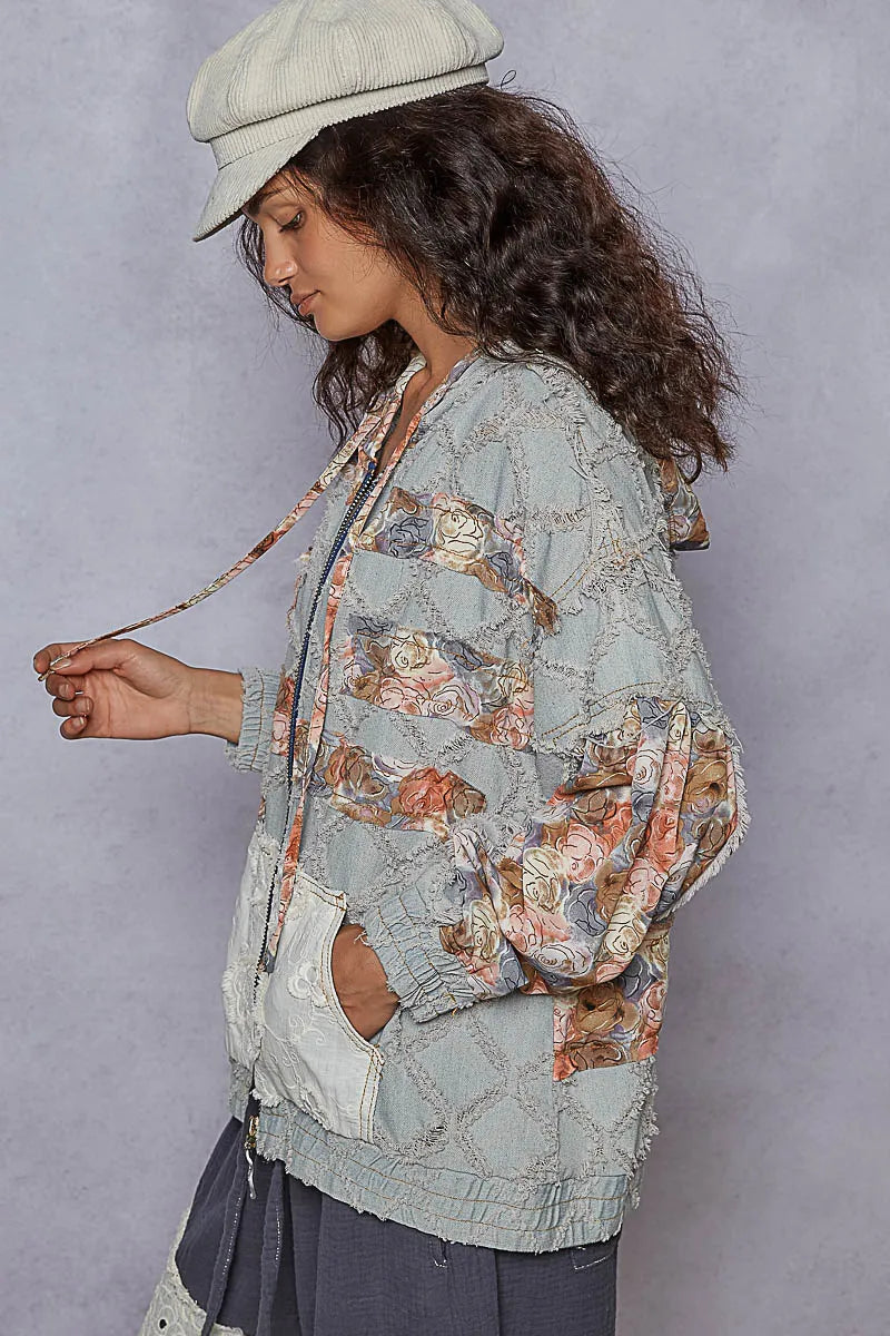 Floral and Lace Patch Washed Denim Jacket
