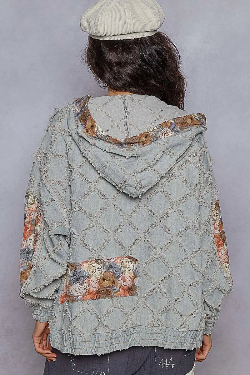 Floral and Lace Patch Washed Denim Jacket