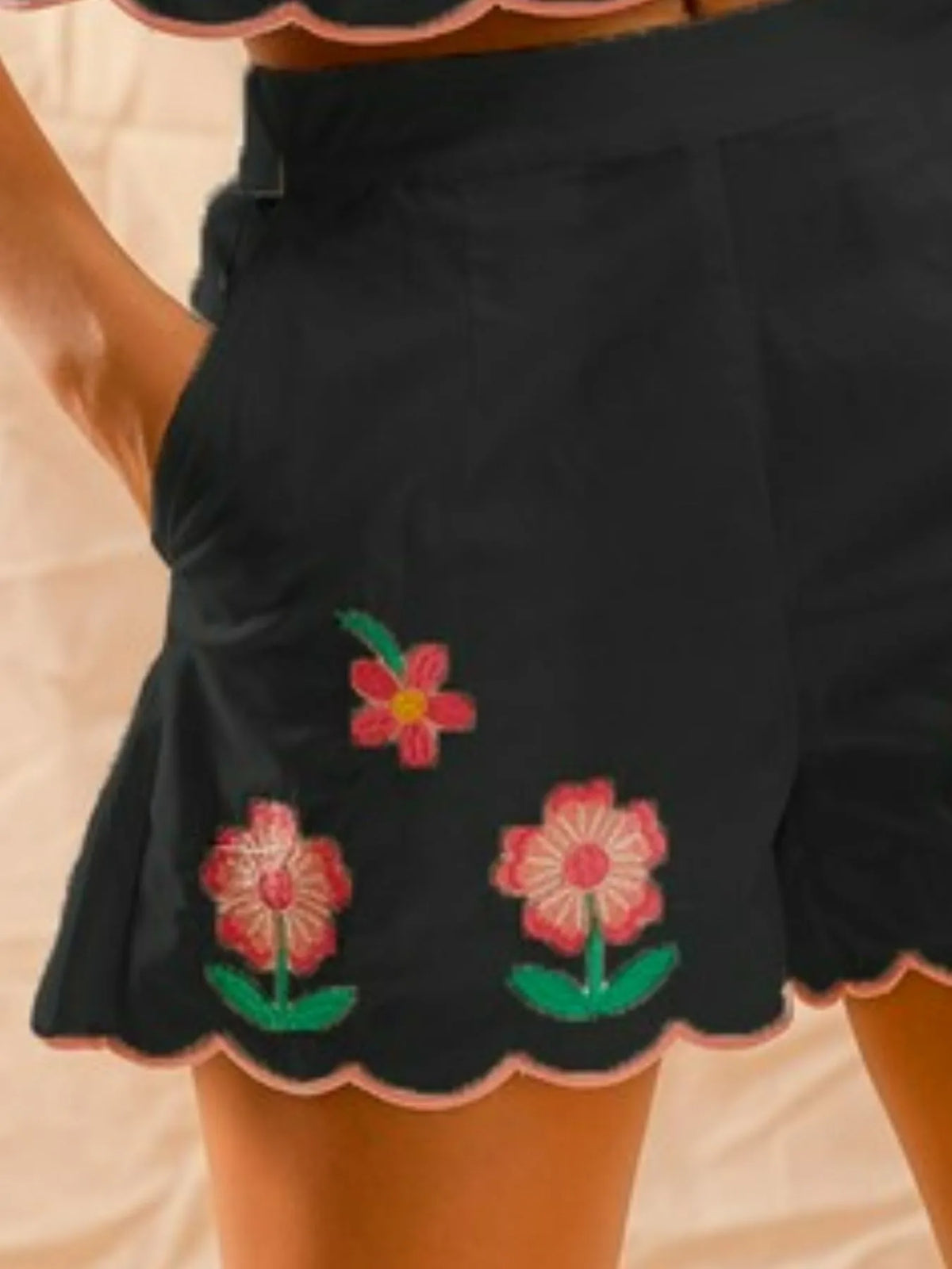 Shop Flower Embroidered Tank Top and Shorts Set-Boho floral embroidered tank top and shorts set with scalloped hems, tie straps, and vibrant coral accents. Perfect for summer, vacation, or casual chic style.-available at Reef Love online boho-chic boutique