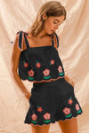 Shop Flower Embroidered Tank Top and Shorts Set-Boho floral embroidered tank top and shorts set with scalloped hems, tie straps, and vibrant coral accents. Perfect for summer, vacation, or casual chic style.-available at Reef Love online boho-chic boutique