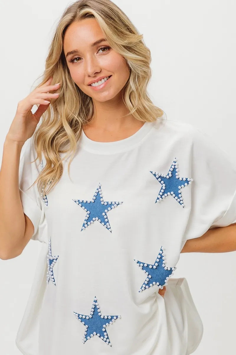 Fourth Of July Beaded Pearl Star Terry T-Shirt-Reef Love
