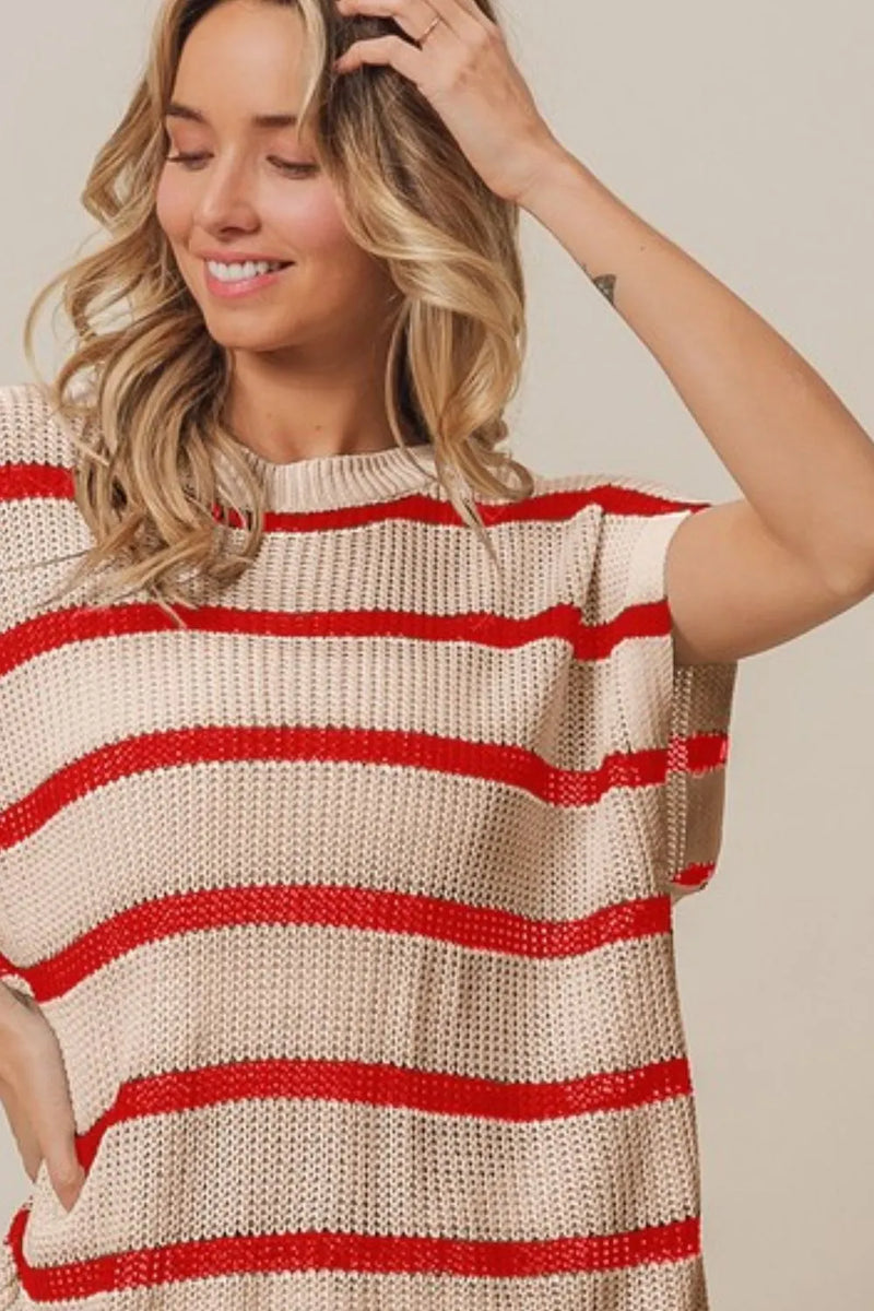 Fourth Of July Stripe Drop Shoulder Sweater-Reef Love