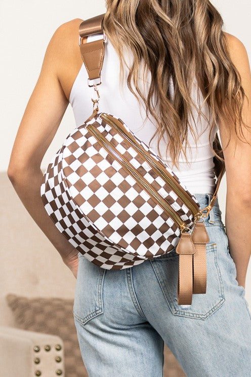 Oversize Double Zip Print Crescent Sling Bag, Fanny pack style purse