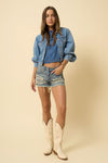 Frayed Ripped Denim Shorts-Frayed Ripped Denim Shorts by Denim Lab USA - 100% Cotton, Non-Stretch Denim, Distressed, Frayed Hem, Pockets.