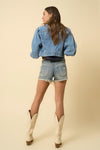 Frayed Ripped Denim Shorts-Frayed Ripped Denim Shorts by Denim Lab USA - 100% Cotton, Non-Stretch Denim, Distressed, Frayed Hem, Pockets.