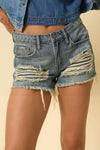 Frayed Ripped Denim Shorts-Frayed Ripped Denim Shorts by Denim Lab USA - 100% Cotton, Non-Stretch Denim, Distressed, Frayed Hem, Pockets.