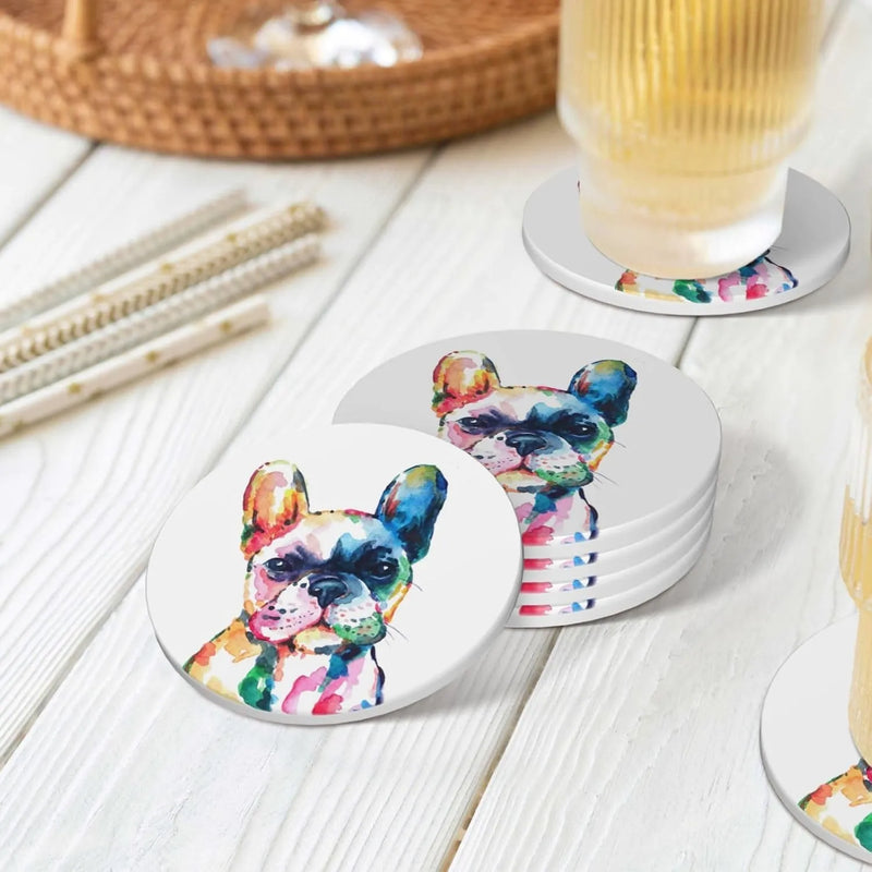 French Bulldog Coasters for Drinks Set of 4, 4 Inch Watercolor Dog Absorbent Diatomite Ceramics Coasters for Coffee Table with Cork Base Tabletop Protection Suitable for Dining Desks