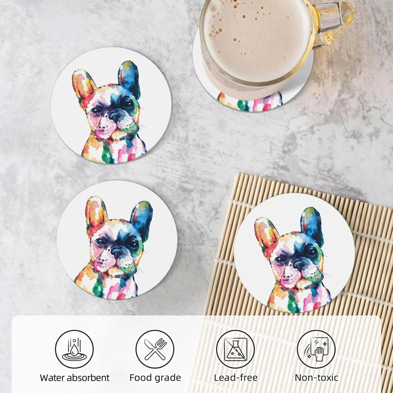 French Bulldog Coasters for Drinks Set of 4, 4 Inch Watercolor Dog Absorbent Diatomite Ceramics Coasters for Coffee Table with Cork Base Tabletop Protection Suitable for Dining Desks