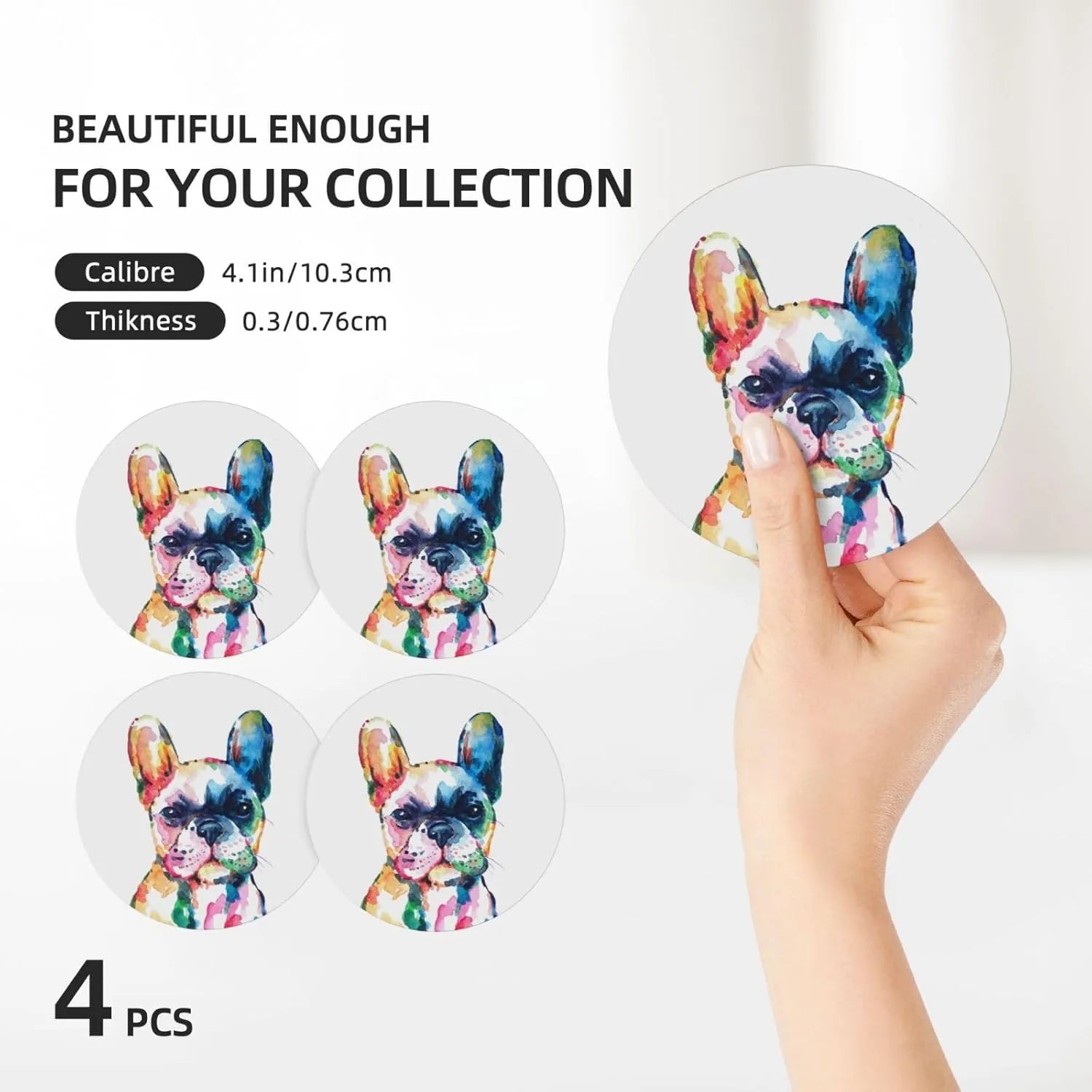 French Bulldog Coasters for Drinks Set of 4, 4 Inch Watercolor Dog Absorbent Diatomite Ceramics Coasters for Coffee Table with Cork Base Tabletop Protection Suitable for Dining Desks