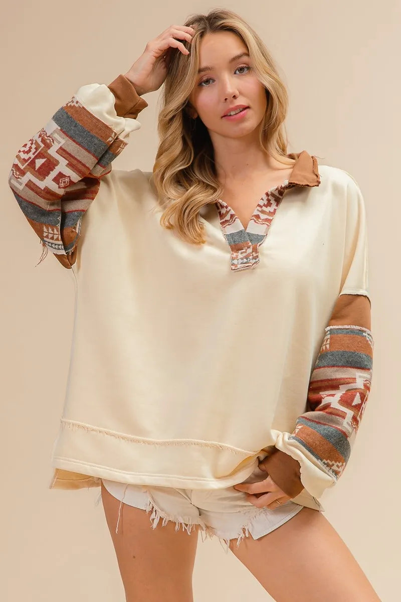 French Terry Knit Aztec Print Mixed Top-Reef Love