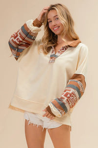 French Terry Knit Aztec Print Mixed Top-Reef Love