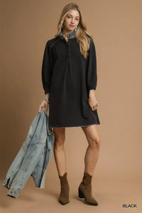 French Terry Shift Dress with Leopard Print Detail-The French Terry Shift Dress with Leopard Print Detail is a versatile and stylish choice for any occasion. The leopard print detail adds a trendy touch.