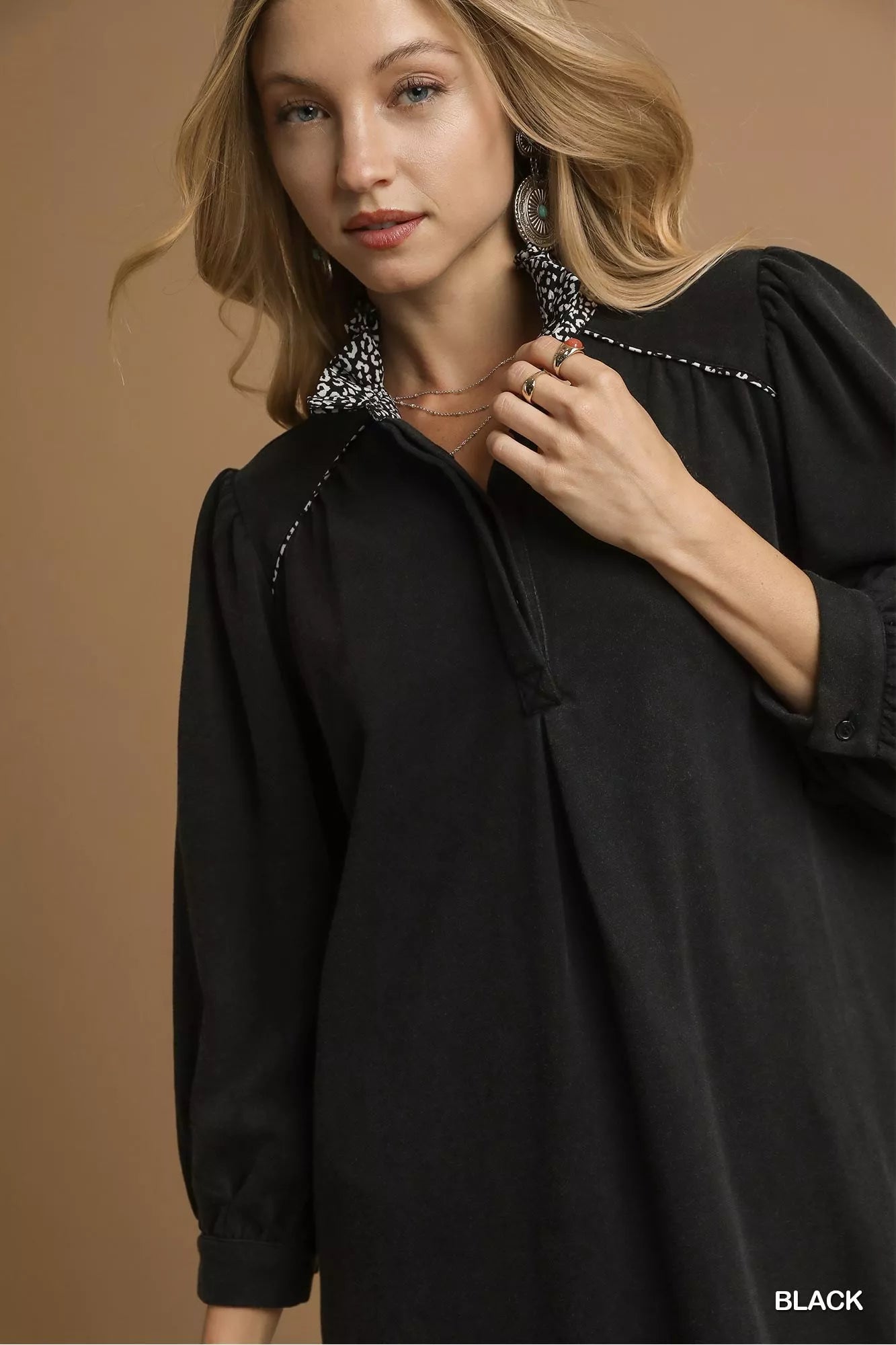 French Terry Shift Dress with Leopard Print Detail-The French Terry Shift Dress with Leopard Print Detail is a versatile and stylish choice for any occasion. The leopard print detail adds a trendy touch.