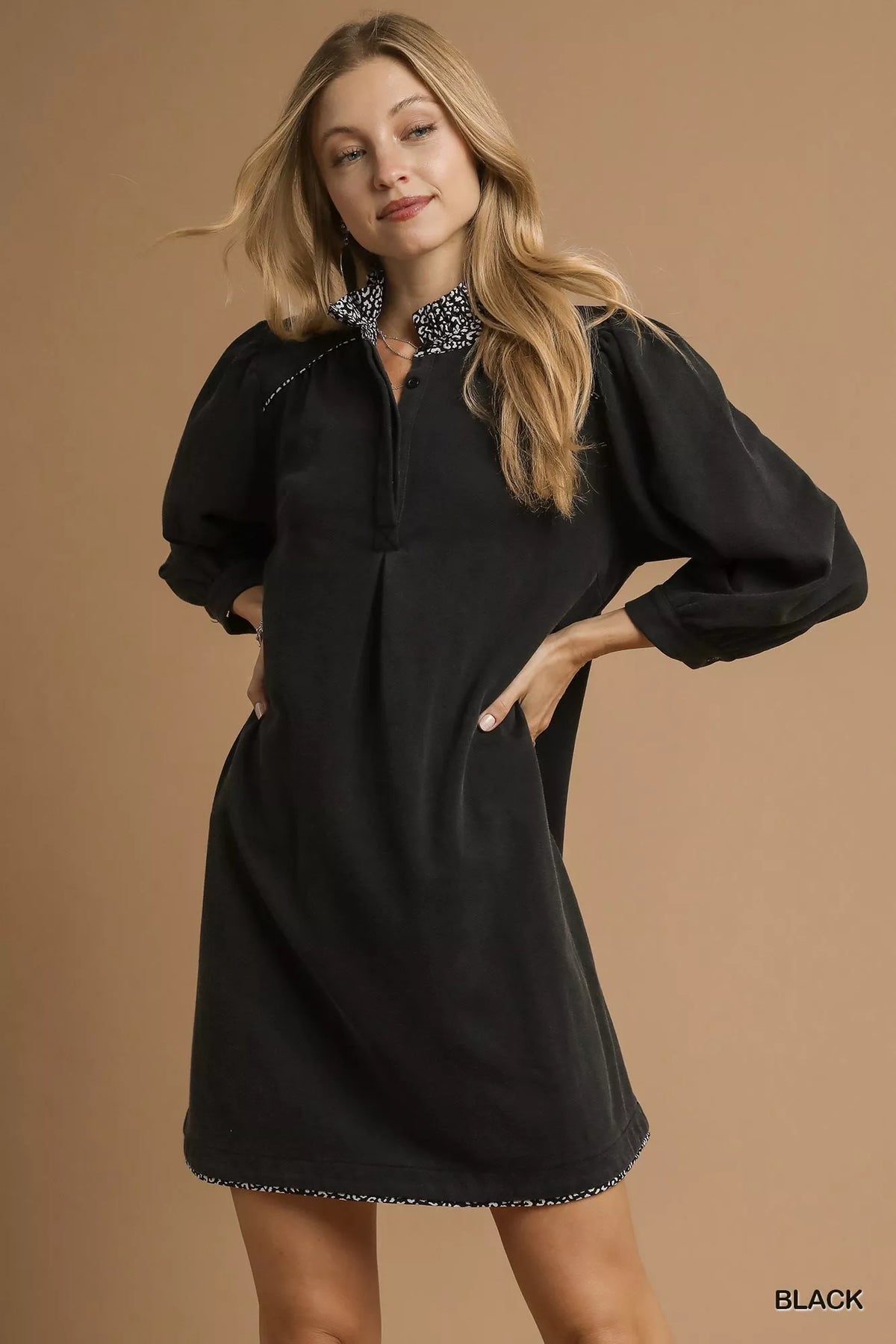 French Terry Shift Dress with Leopard Print Detail-The French Terry Shift Dress with Leopard Print Detail is a versatile and stylish choice for any occasion. The leopard print detail adds a trendy touch.