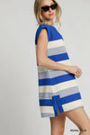 French Terry Side Slit Striped Mini Dress-Royal blue and white striped mini dress in soft French terry fabric. Relaxed fit with side slits for comfort and style. Perfect for casual summer days.-Reef Love Boho-Chic Boutique