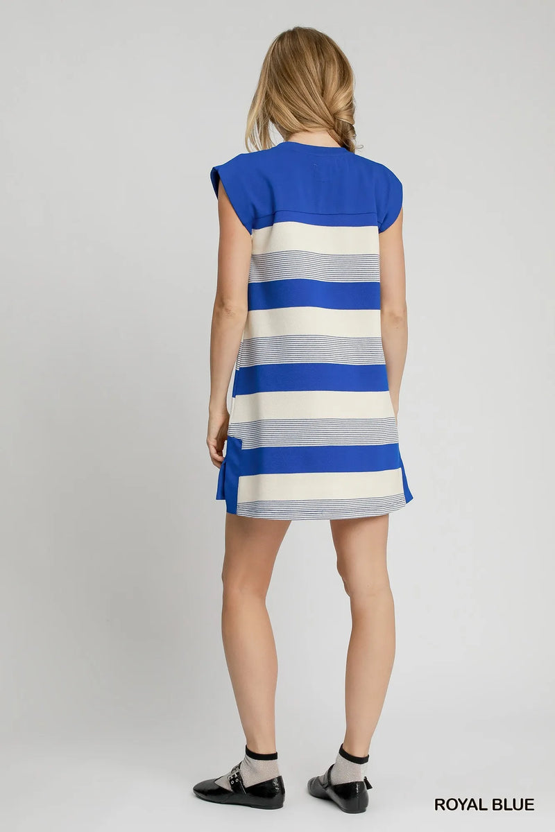 French Terry Side Slit Striped Mini Dress-Royal blue and white striped mini dress in soft French terry fabric. Relaxed fit with side slits for comfort and style. Perfect for casual summer days.-Reef Love Boho-Chic Boutique
