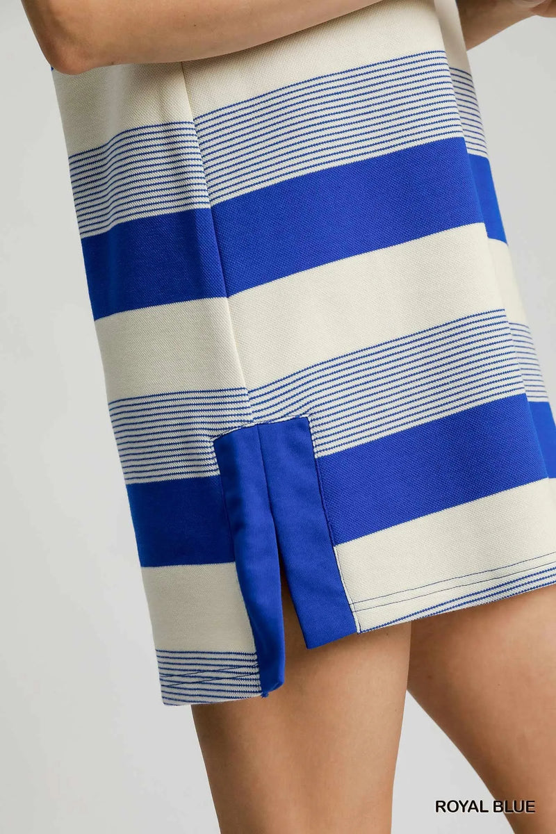 French Terry Side Slit Striped Mini Dress-Royal blue and white striped mini dress in soft French terry fabric. Relaxed fit with side slits for comfort and style. Perfect for casual summer days.-Reef Love Boho-Chic Boutique