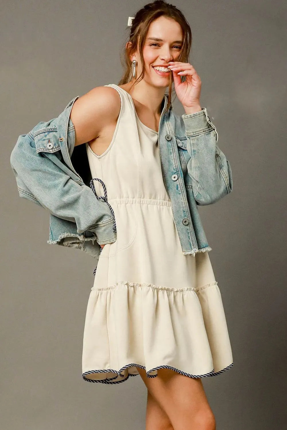 Frill Drawstring Waist Round Neck Mini Tank Dress-This charming casual tank dress features a relaxed sleeveless design perfect for warm weather styling. Crafted from lightweight breathable fabric.-Reef Love Boho-Chic Boutique