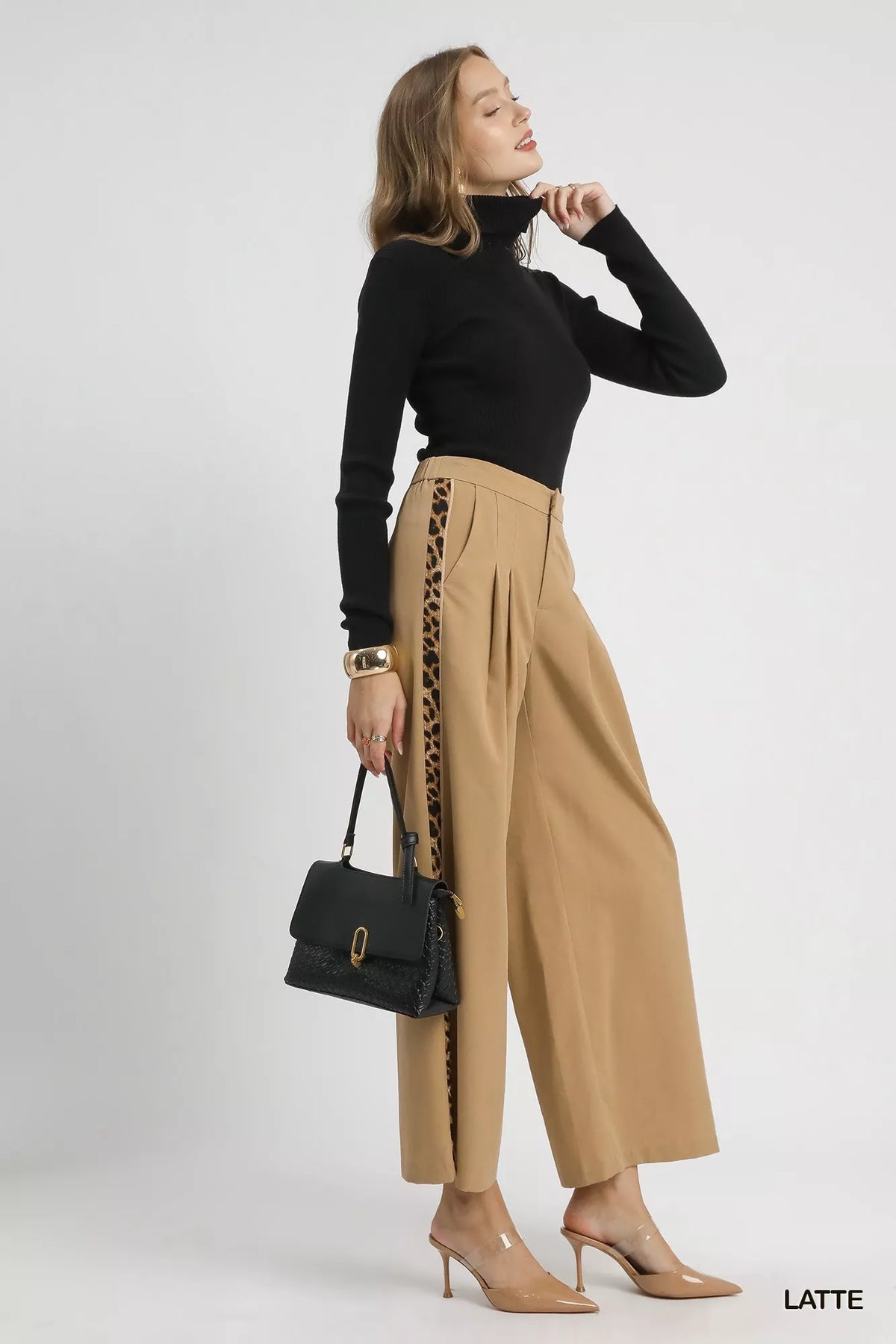 Front Pleated Wide-Leg Pants with Leopard Trim