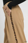 Front Pleated Wide-Leg Pants with Leopard Trim