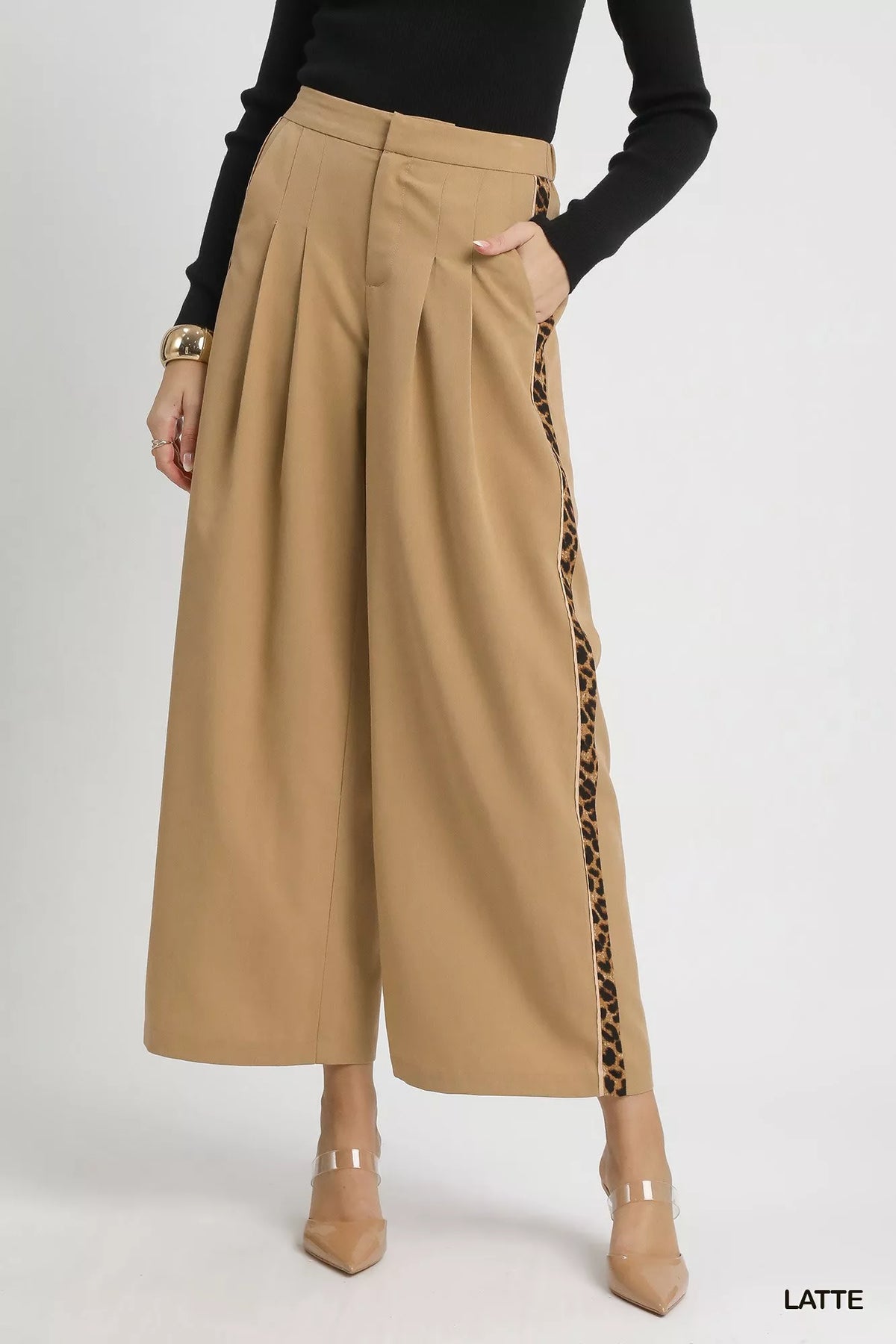 Front Pleated Wide-Leg Pants with Leopard Trim-Front pleated wide-leg pants with chic leopard trim. Tailored silhouette with pockets, perfect for office wear or stylish outings.-Reef Love